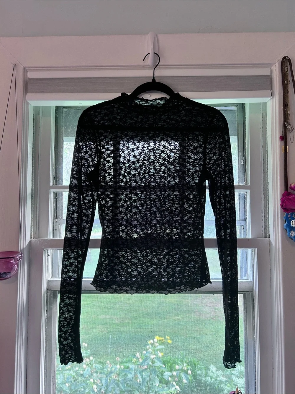 Free People Black Lace-Panel Long Sleeve Tee